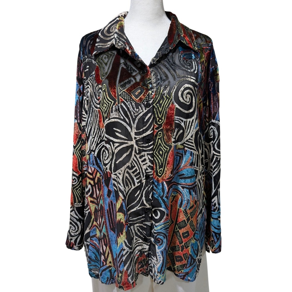 Burnout Velvet Abstract Tribal Swirl Blouse Sheer Multicolor Oversize 2 Art Goth